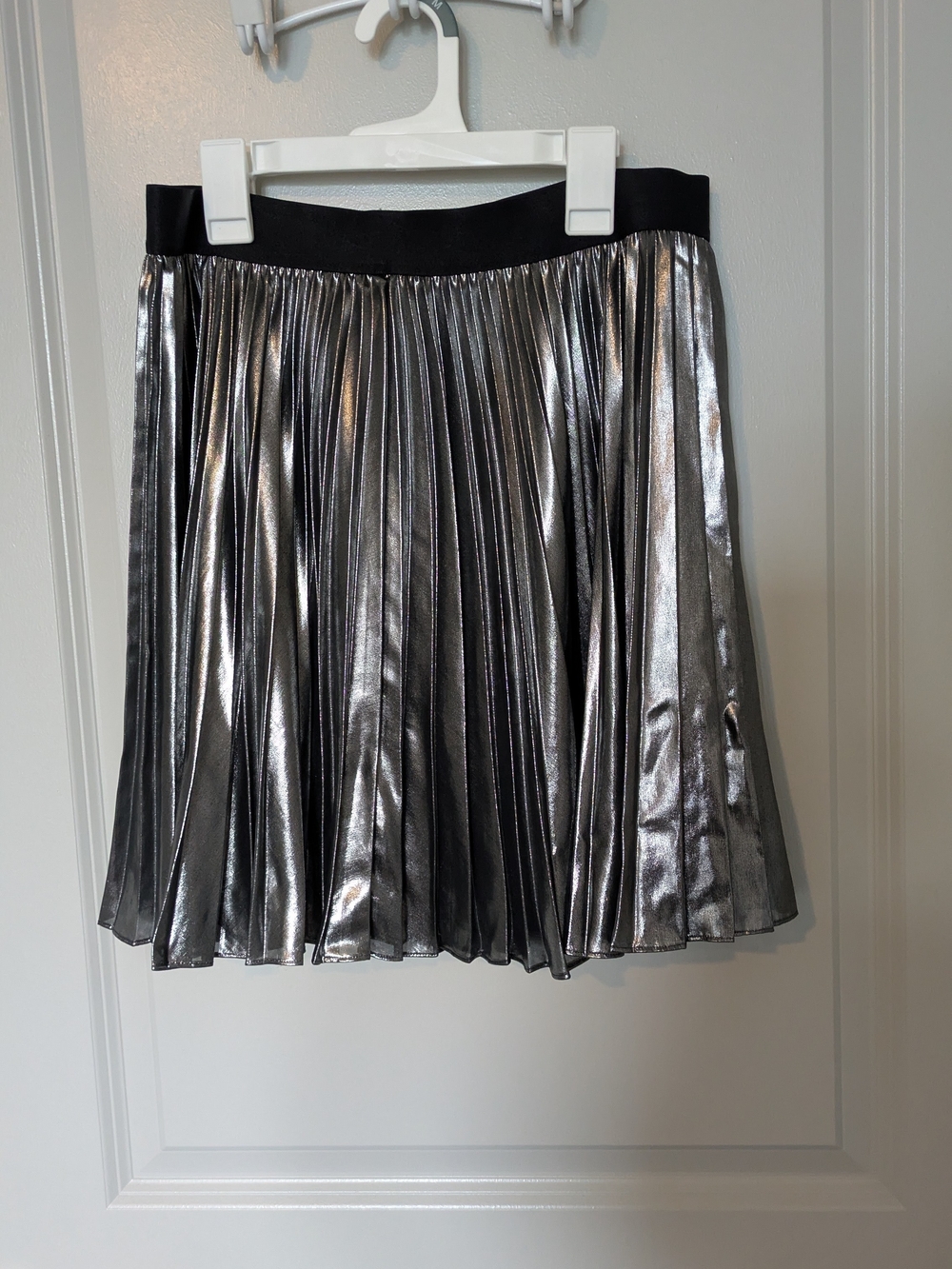 Express Metallic Silver Pleated Skater Skirt with Black Waistband